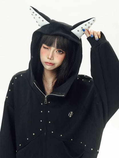 INNA Studded Horn Oversized Zip Hoodie