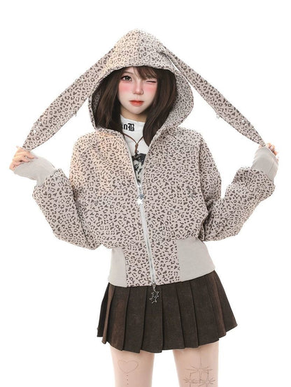 INNA Leopard Bunny Ear Zip Hoodie