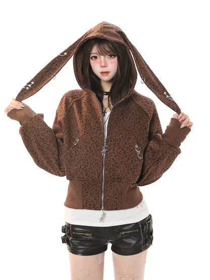 INNA Leopard Bunny Ear Zip Hoodie