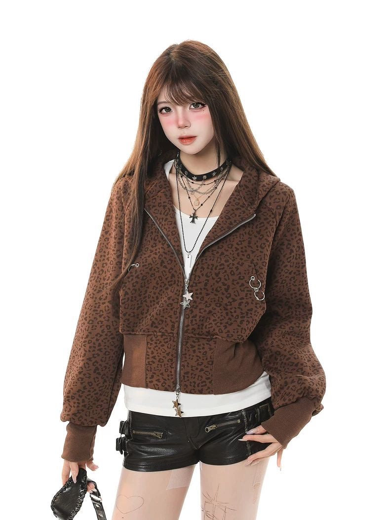 INNA Leopard Bunny Ear Zip Hoodie