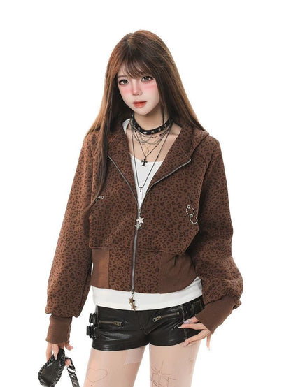 INNA Leopard Bunny Ear Zip Hoodie