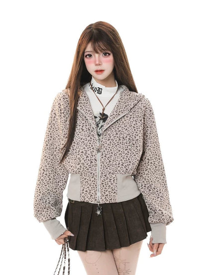 INNA Leopard Bunny Ear Zip Hoodie