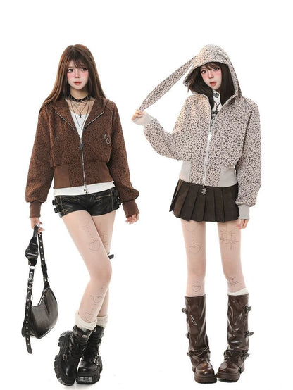 INNA Leopard Bunny Ear Zip Hoodie