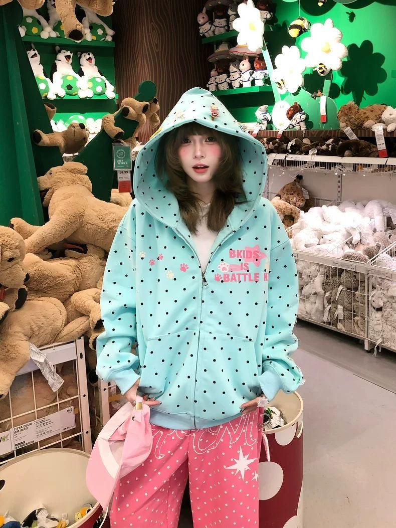 INNA Playful Polka Dot Bunny Ear Zip Hoodie