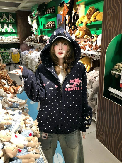 INNA Playful Polka Dot Bunny Ear Zip Hoodie