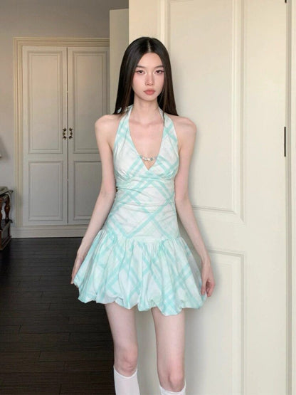 Mint Plaid Halter Mini Dress