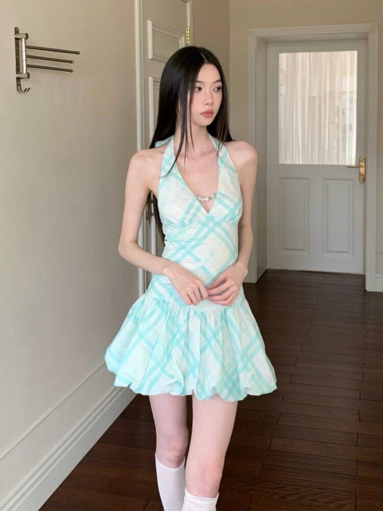 Mint Plaid Halter Mini Dress
