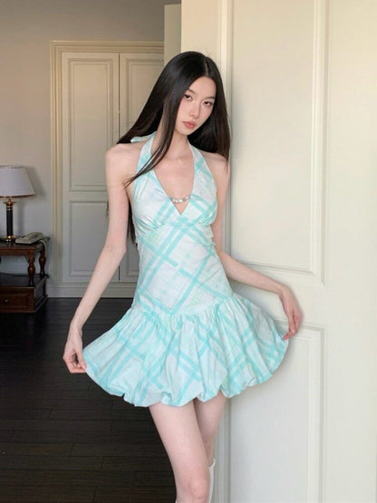 Mint Plaid Halter Mini Dress