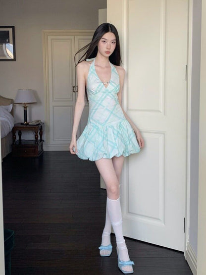 Mint Plaid Halter Mini Dress