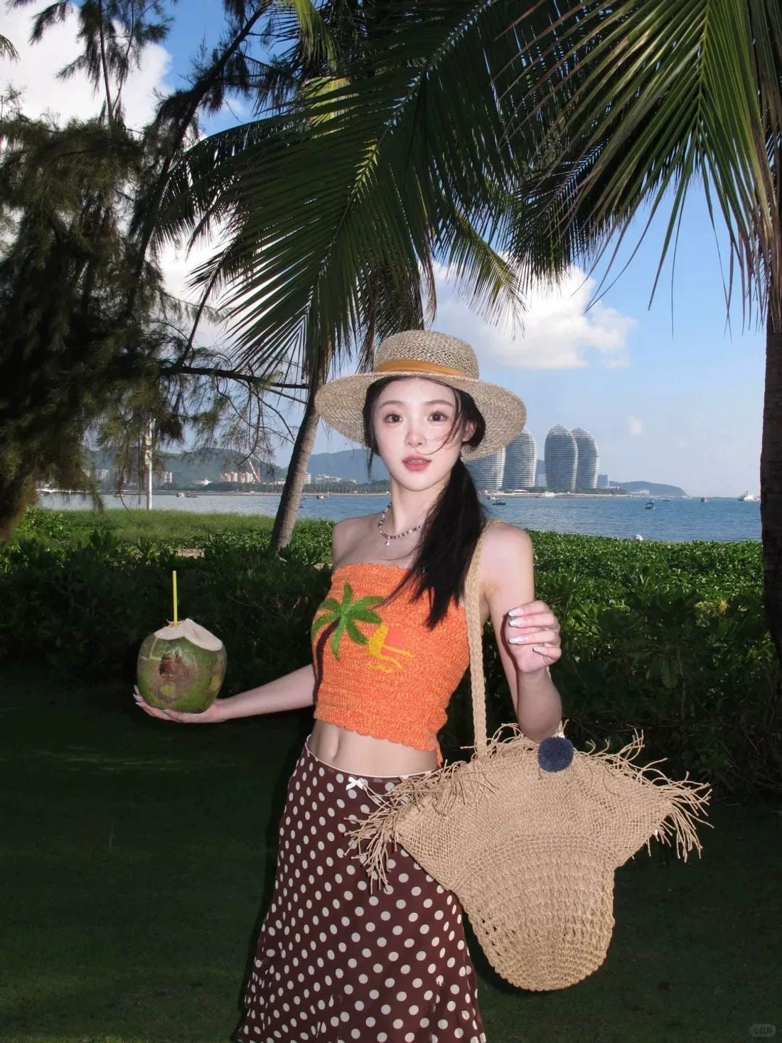Tropical Palm Top & Polka Dot Maxi Skirt Set