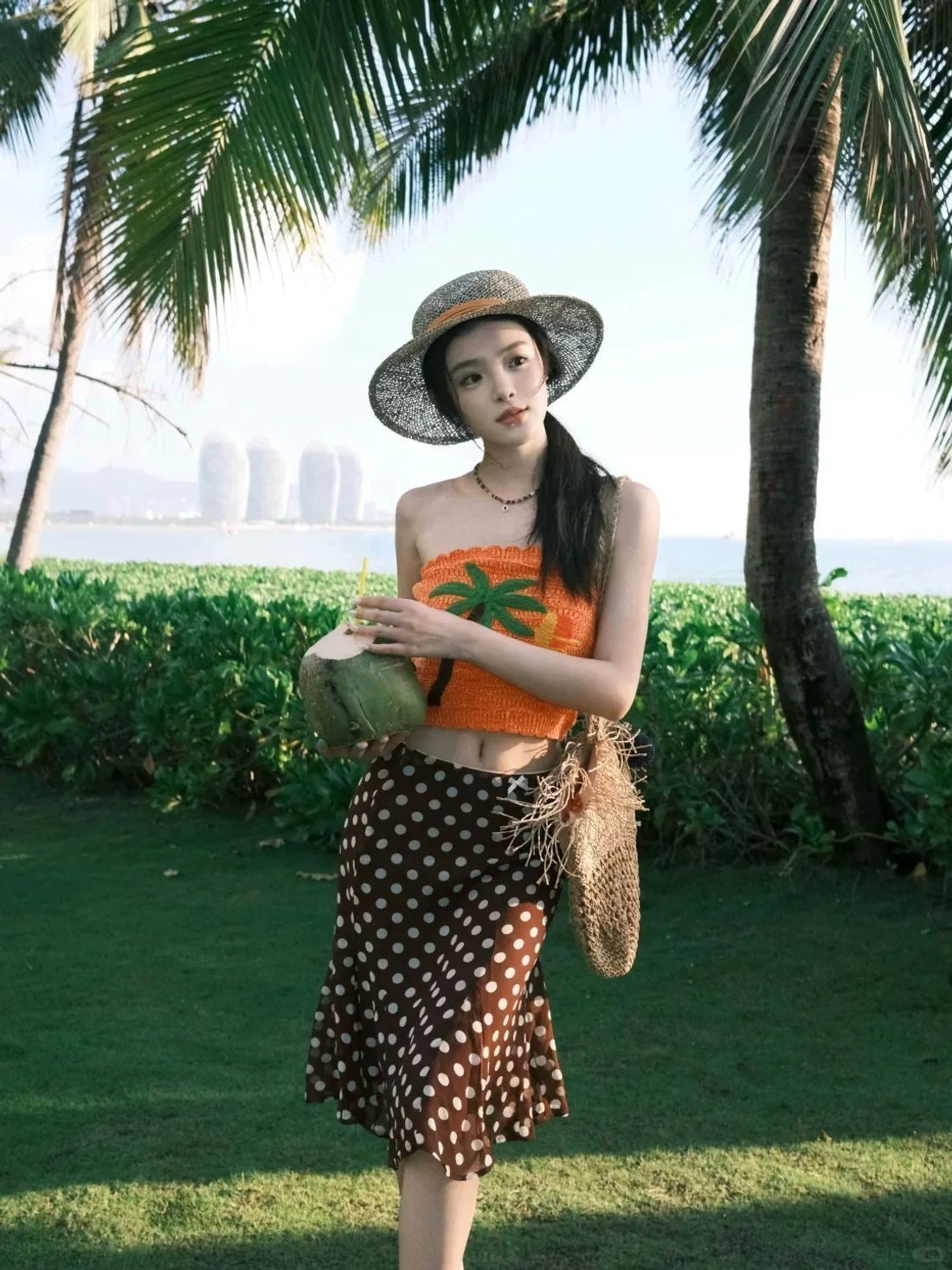 Tropical Palm Top & Polka Dot Maxi Skirt Set
