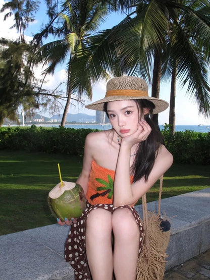 Tropical Palm Top & Polka Dot Maxi Skirt Set