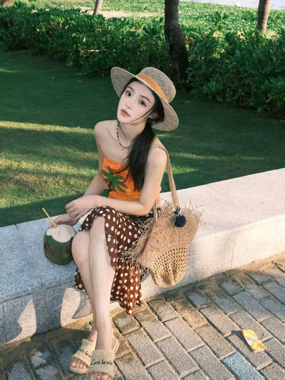 Tropical Palm Top & Polka Dot Maxi Skirt Set