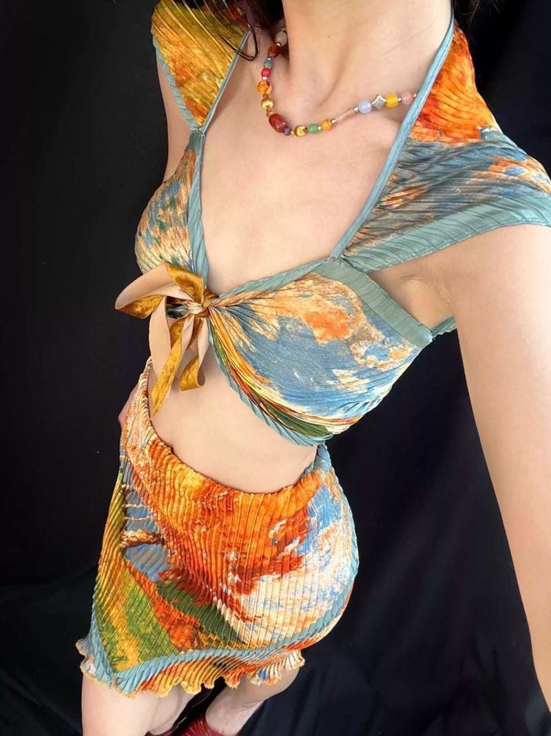 Abstract Print Tie-Front Crop Top & Pleated Mini Skirt Set