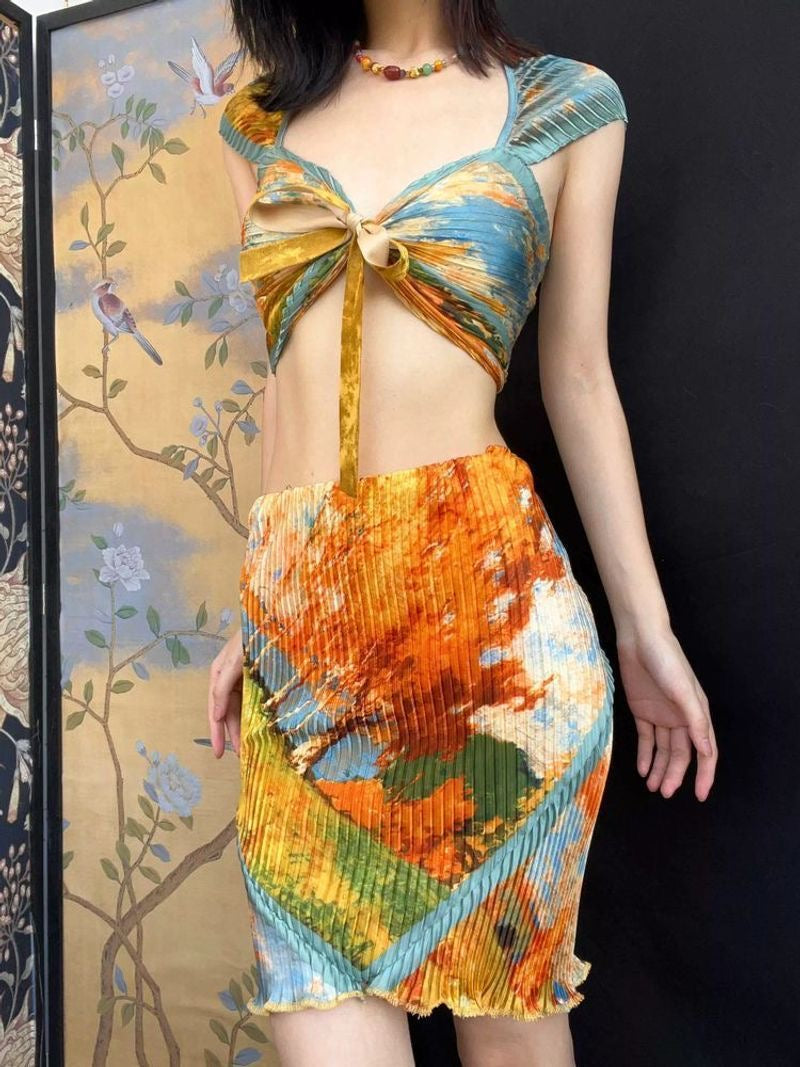 Abstract Print Tie-Front Crop Top & Pleated Mini Skirt Set