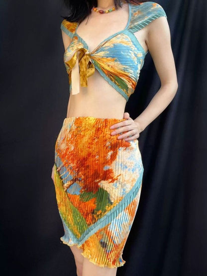 Abstract Print Tie-Front Crop Top & Pleated Mini Skirt Set