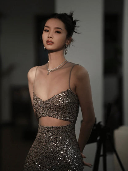 Silver Sequined Cutout Dress