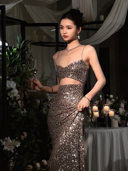 Silver Sequined Cutout Dress