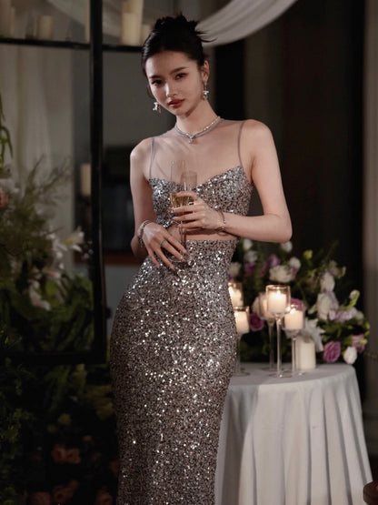 Silver Sequined Cutout Dress