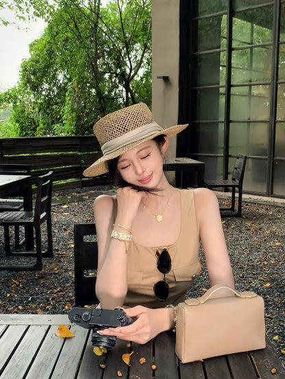 Belted Button-Front Khaki Playsuit