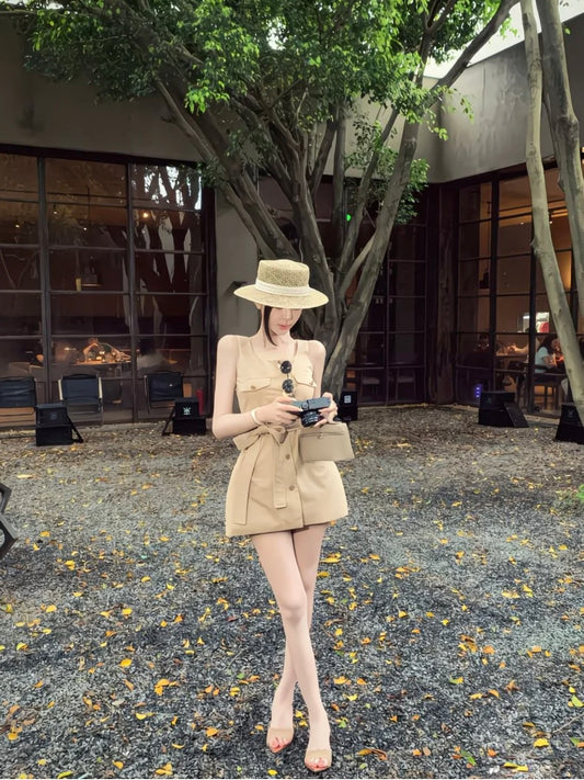 Belted Button-Front Khaki Playsuit