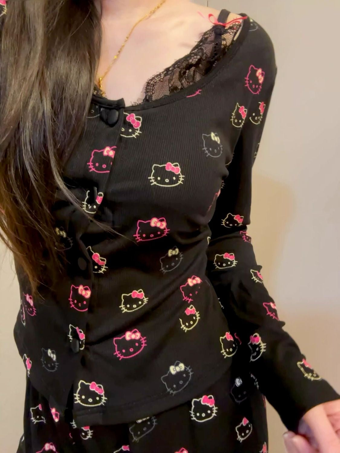 Lace Black Hello Kitty Pajama Set With Bra Pads
