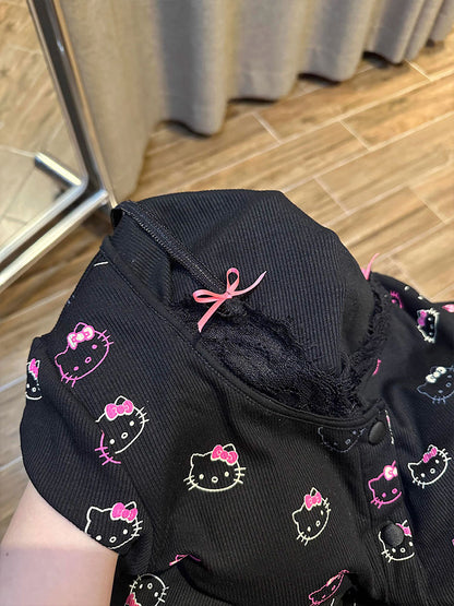 Lace Black Hello Kitty Pajama Set With Bra Pads