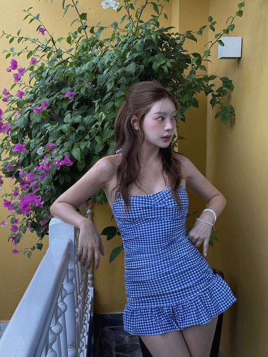 Blue Gingham Ruffle One-Piece Dress