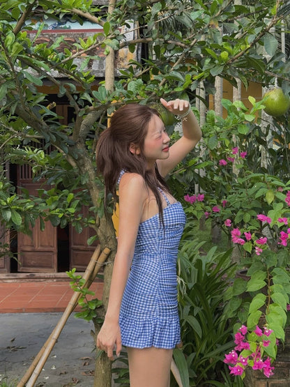Blue Gingham Ruffle One-Piece Dress