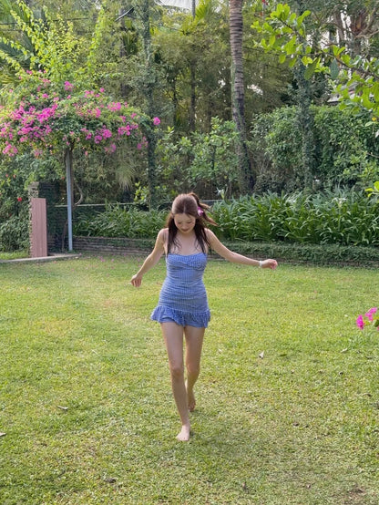 Blue Gingham Ruffle One-Piece Dress