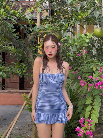 Blue Gingham Ruffle One-Piece Dress