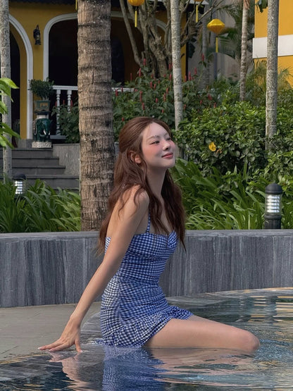 Blue Gingham Ruffle One-Piece Dress