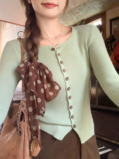 Mint Knit Cardigan & Brown Midi Skirt Set