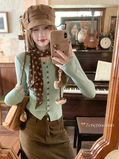 Mint Knit Cardigan & Brown Midi Skirt Set