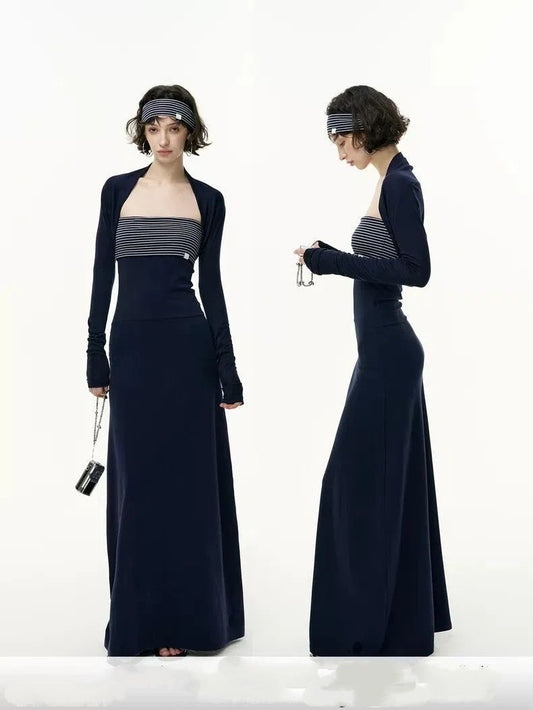 Navy Striped Two-Piece Maxi Dress