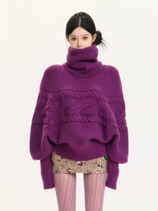Plum Oversized Cable-Knit Turtleneck Sweater
