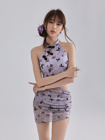 Violet Cheongsam-Style Butterfly Bikini Three-Piece Set