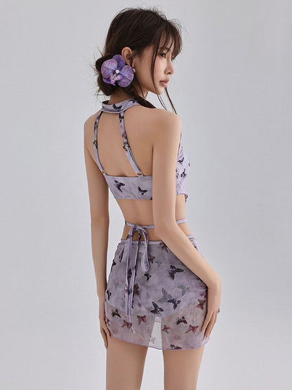 Violet Cheongsam-Style Butterfly Bikini Three-Piece Set