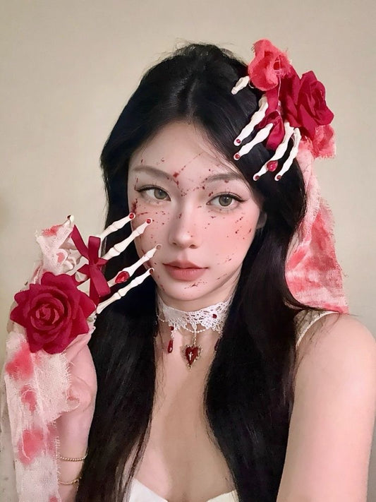 Bloody Rose Skeleton Hand Halloween Hair Clip x2