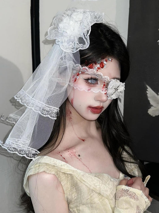 Bloody Bride Halloween Veil & Lace Eye Mask Set