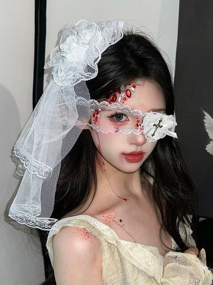 Bloody Bride Halloween Veil & Lace Eye Mask Set