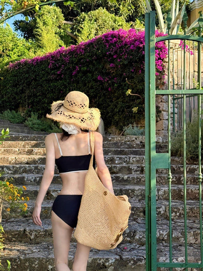 Black & White Rosette Bandeau High-Waist Bikini Set
