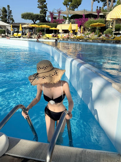 Black & White Rosette Bandeau High-Waist Bikini Set