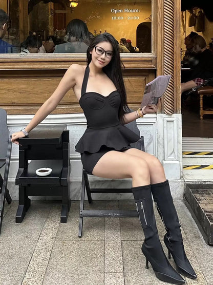 Black Ruffled Hem Mini Dress