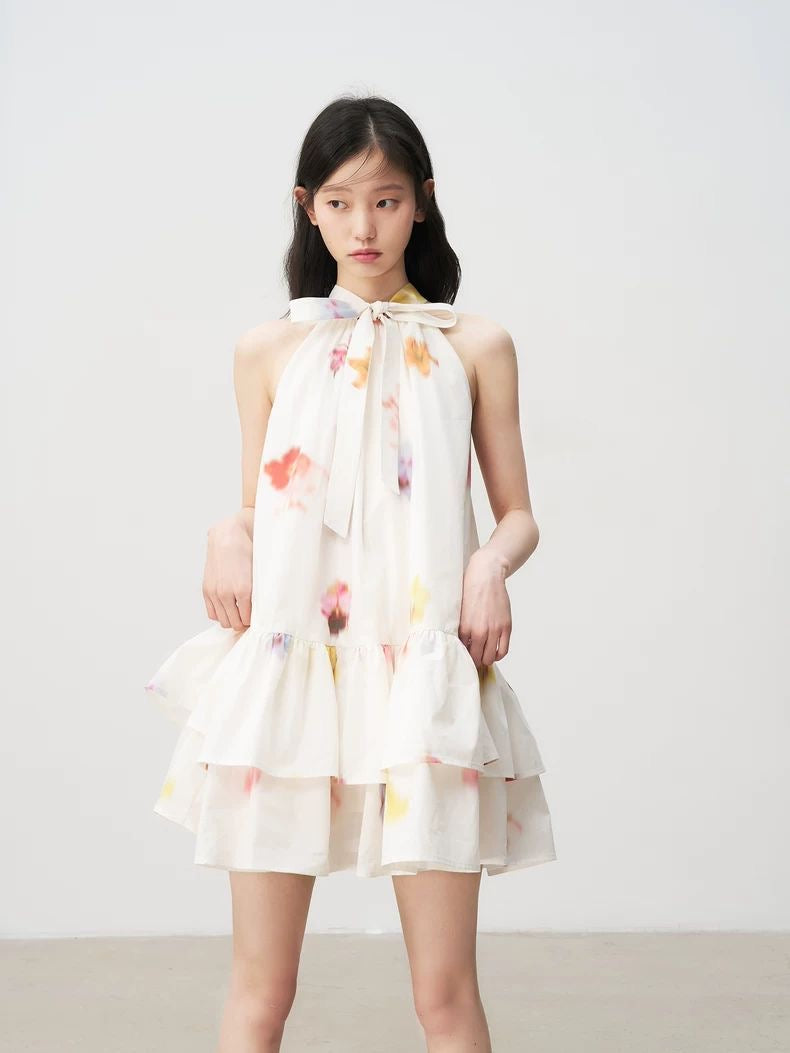 Floral Tiered Dress with Bow and Frill Details