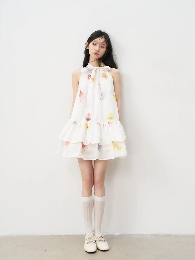 Floral Tiered Dress with Bow and Frill Details