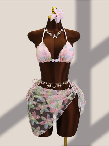 Pastel Floral Appliqué Bikini Set with Sarong
