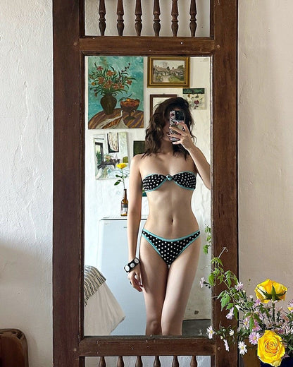 Retro Polka Dot Bikini Set with Turquoise Trim | Y2K Style Bandeau Two-Piece Swimsuit | High-Contrast Knot-Front Bathing Suit for Women