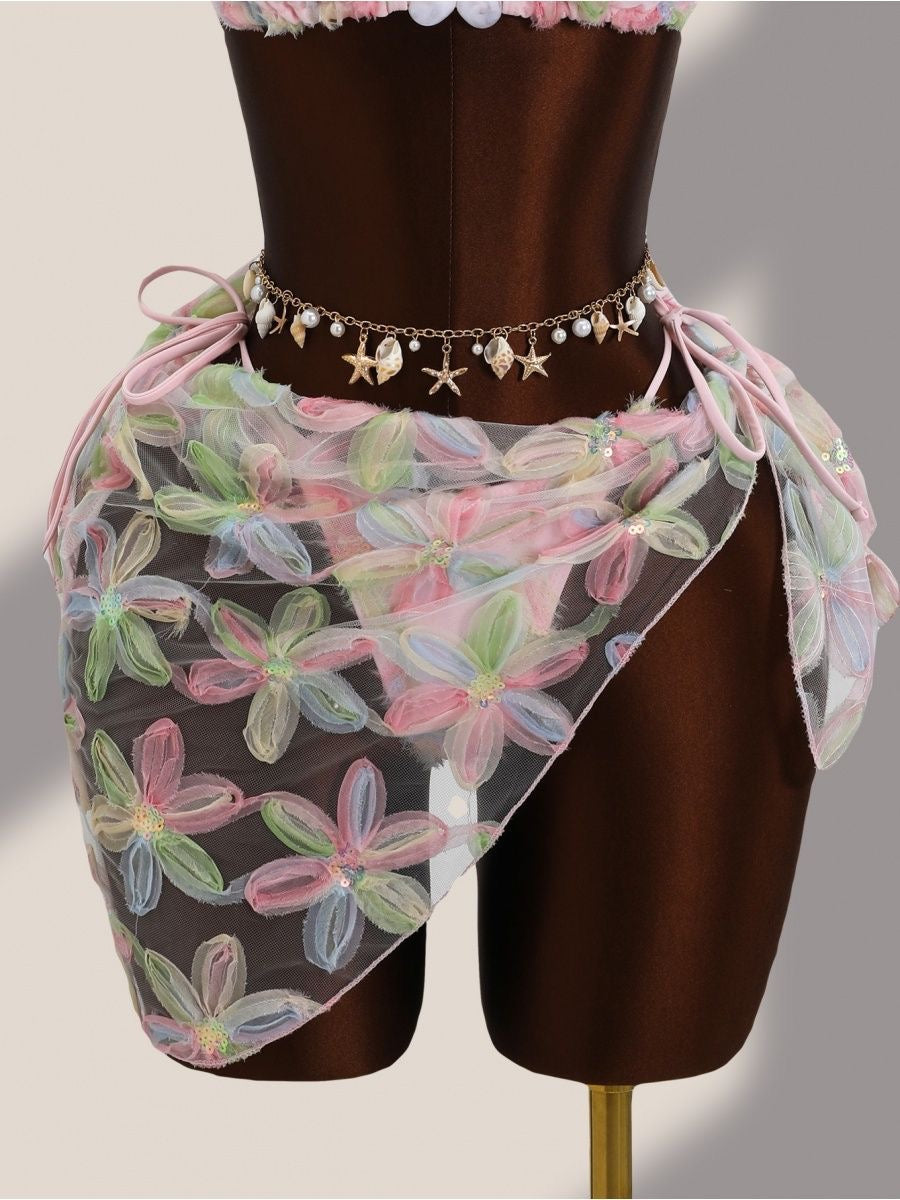 Pastel Floral Appliqué Bikini Set with Sarong