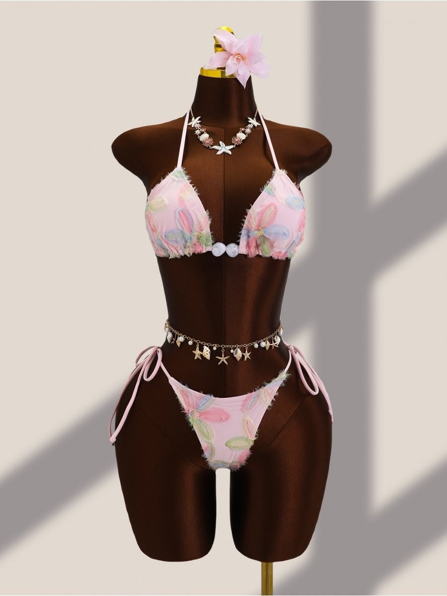 Pastel Floral Appliqué Bikini Set with Sarong